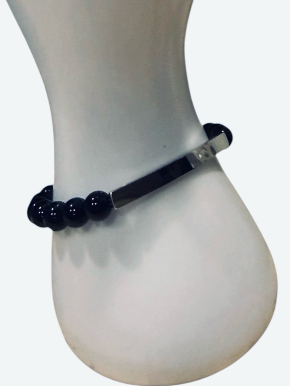 Plunder Black Beaded Stretch Bracelet with Silver Tone Bar Accent